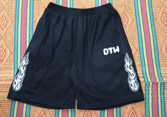 black DTW shorts with decorative flames on the sides, perfect for everyday wear and casual outings.