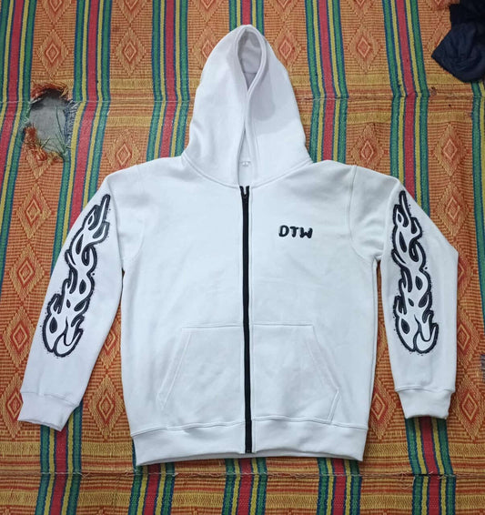 White DTW hoodies featuring stylish flame designs on the sleeves and a cozy hood for ultimate comfort.
