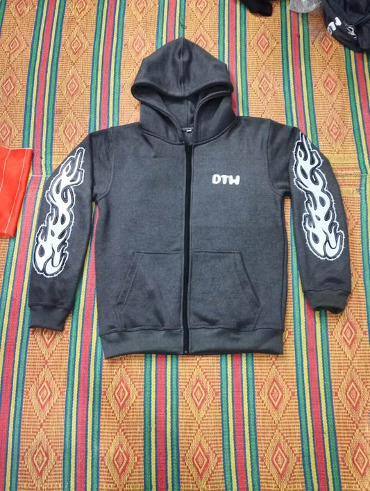 All gray DTW hoodies with flame designs on sleeves, perfect for style and comfort.